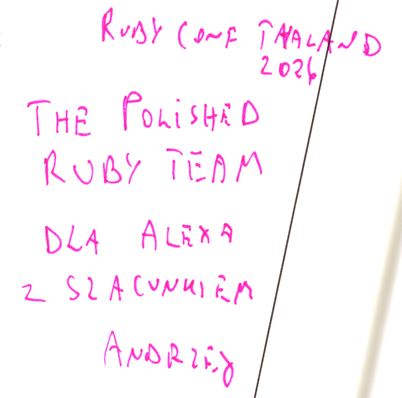 RubyConf Thailand 2026.
The Polished Ruby Team.
Dla Alexa z Szacunkiem.
Andrzej