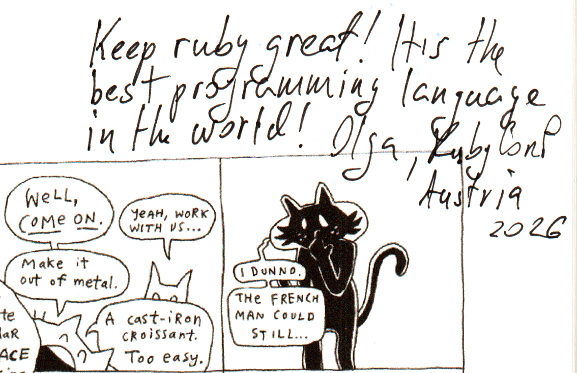 Page 229 of why's (poignant) Guide to Ruby. In the top right corner a handwritten note in black pen: "Keep ruby great! It's the best programming language in the world! Olga, RubyConf Austria 2026".