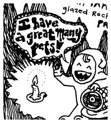 The Elf, holding a candle and a pet ham, shouting that he has a great many pets.